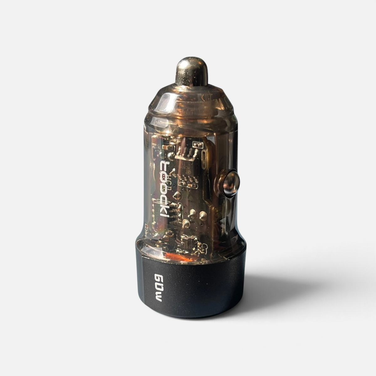 Billader 60W fra Toocki i sort med transparent kabinett som viser kretskortet