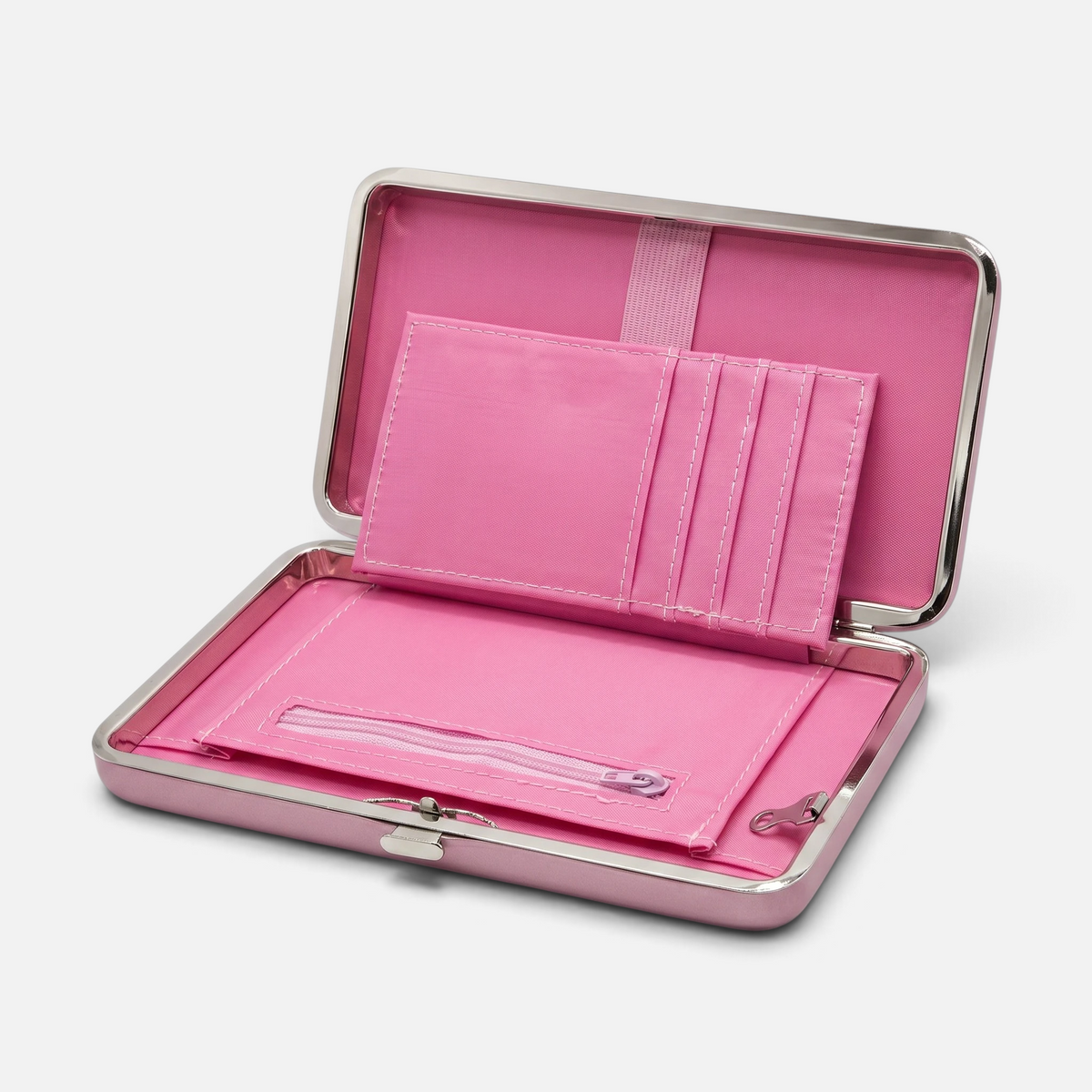 Rosa mobil lommebok med sløyfe foran, kortholder, mobilholder, seddellomme, myntlomme. Åpnet