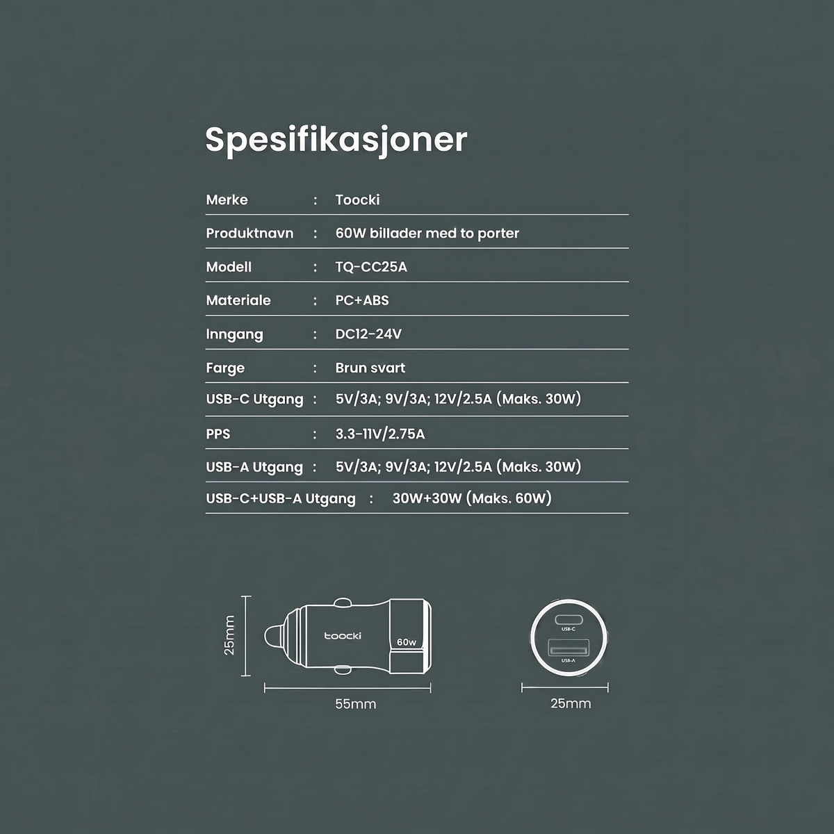 Spesifikasjonsoversikt for Toocki 60W billader med mål og utgangseffekt
