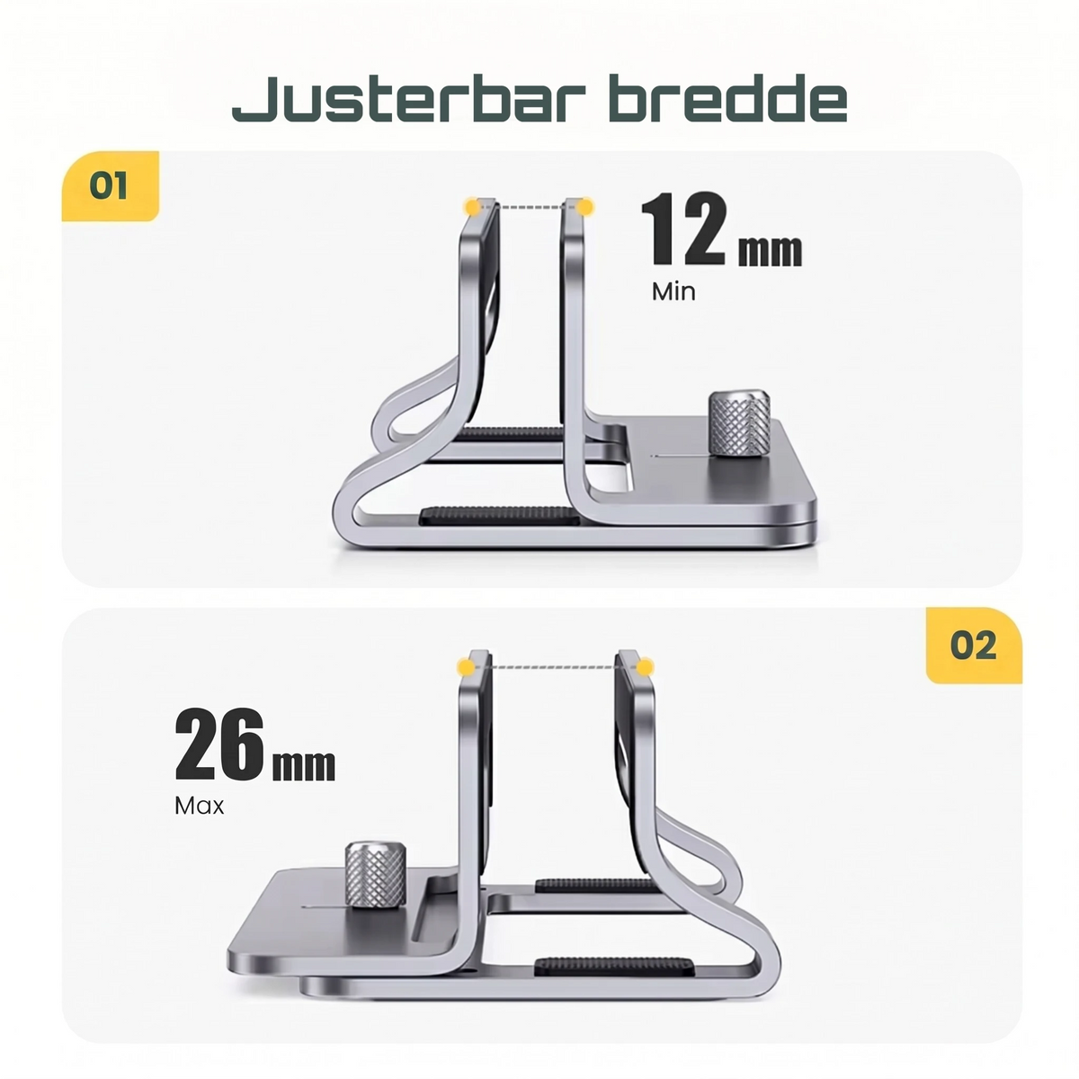 Bilde som viser hvordan man justerer laptopstativet og minimum og maksbredde.