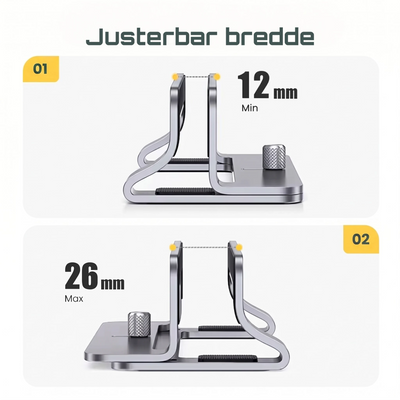 Bilde som viser hvordan man justerer laptopstativet og minimum og maksbredde.