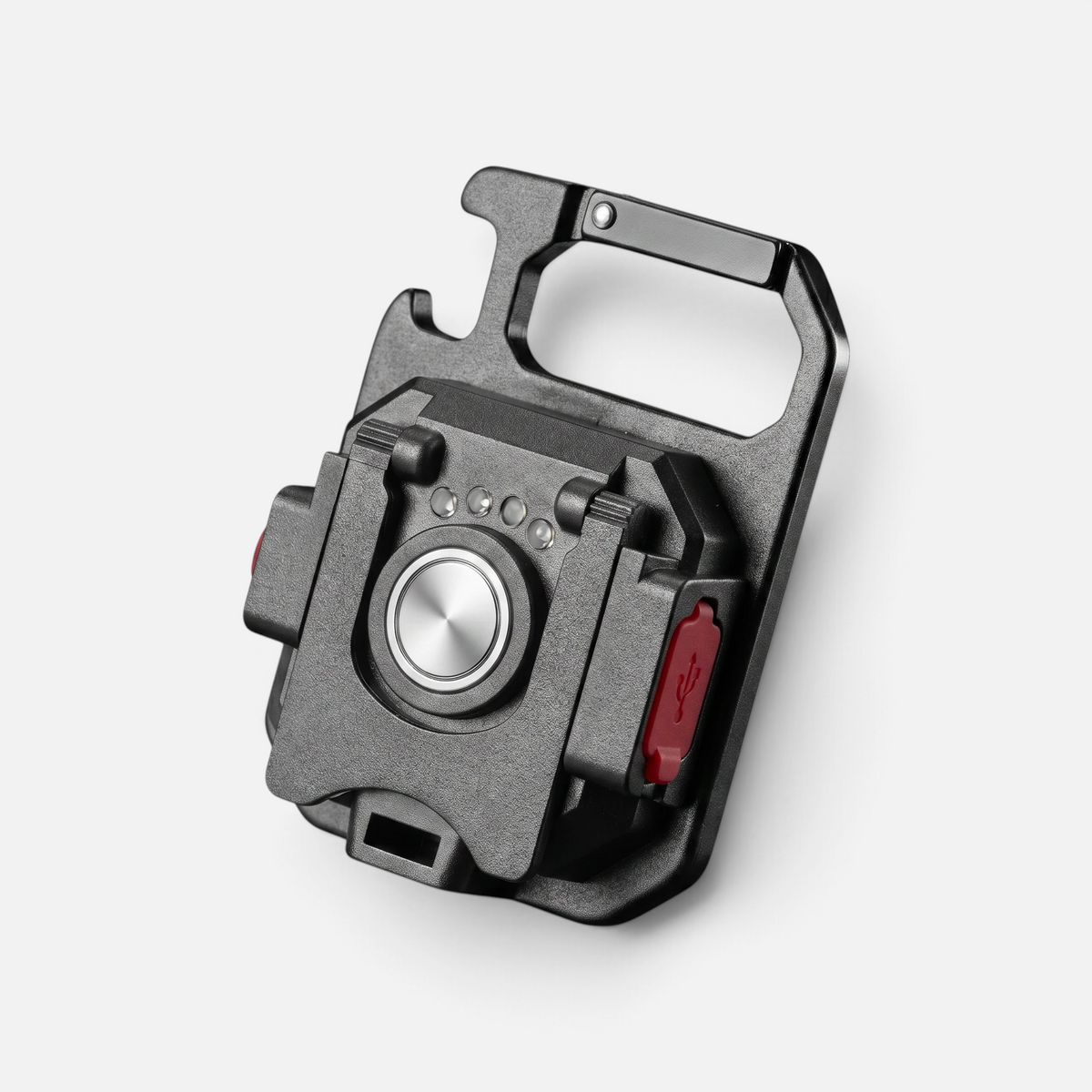 Bakside av mini LED-lommelykt med ladeport og knapper.