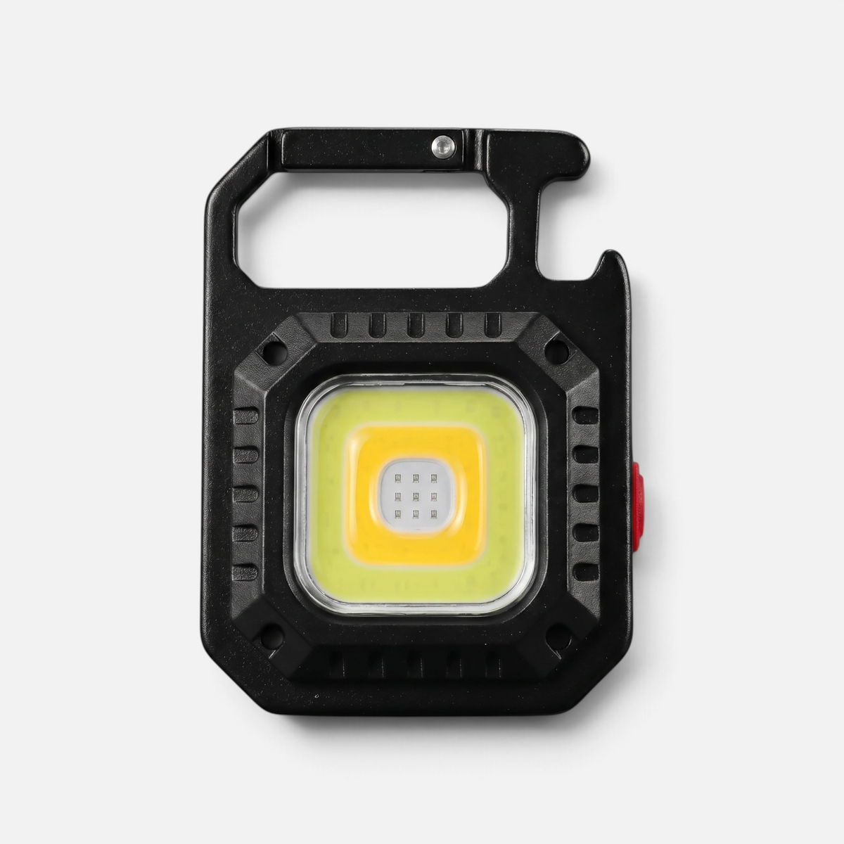 Mini LED-lommelykt forfra med led panel i fokus og USB-C lading.