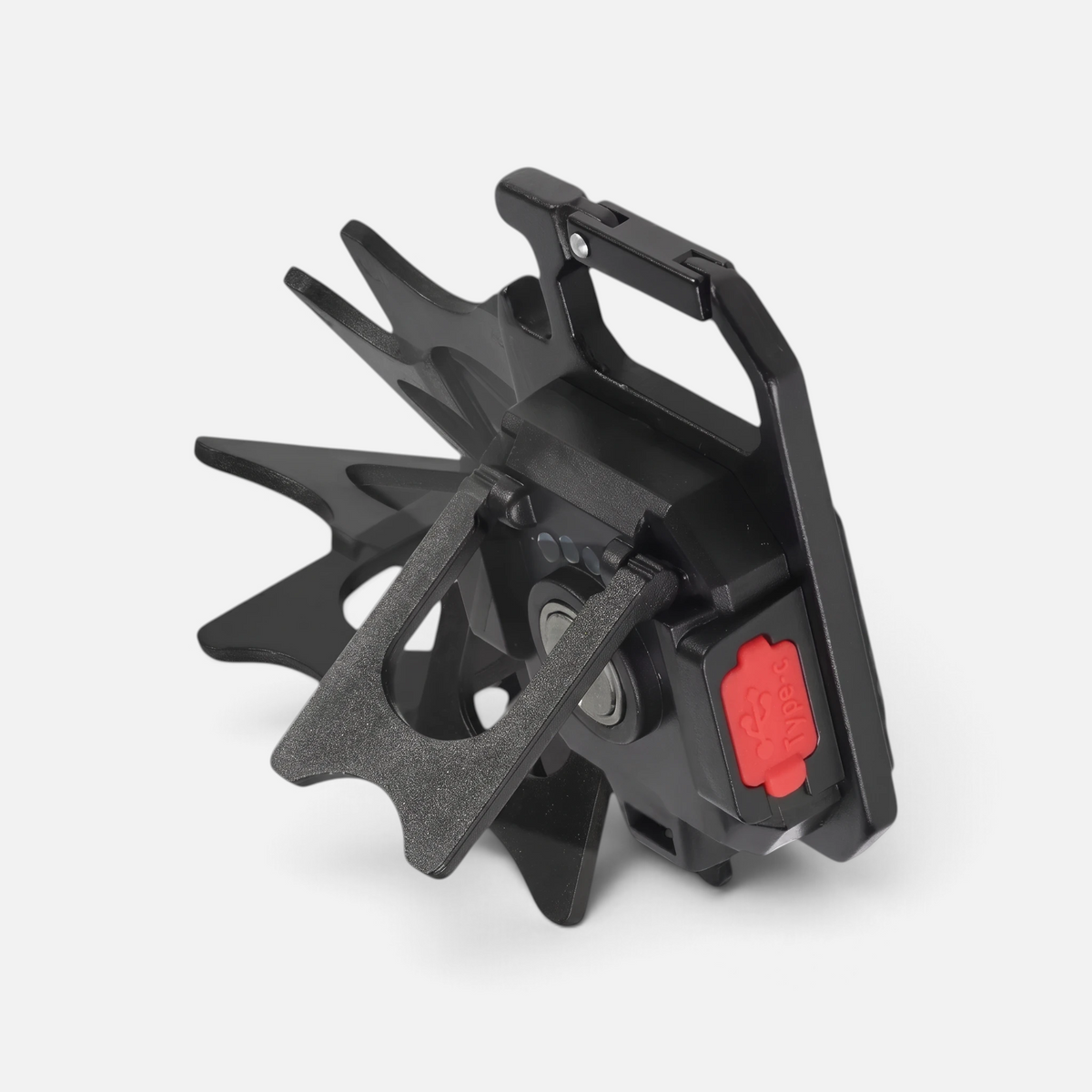 Mini LED-lommelykt utfoldet med magnetfeste og stativ i flere stillinger.
